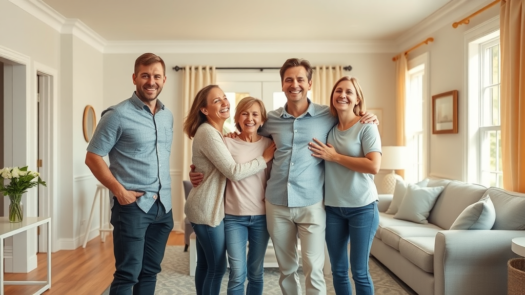 Happy family in Columbia SC standing together in a restored home with no sign of previous water damage