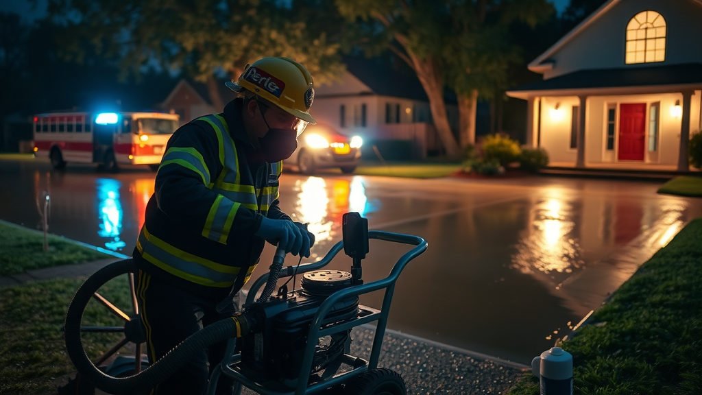 Technician quickly setting up emergency water removal equipment outside flooded Columbia SC home, water damage restoration Columbia SC
