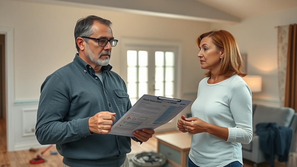 insurance adjuster and homeowner discuss repair costs, water damage restoration columbia south carolina, damanged living room