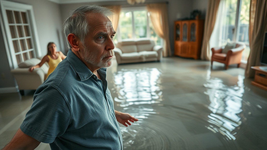 water extraction services columbia sc - devastated residential flood scene with homeowner observing severe water damage