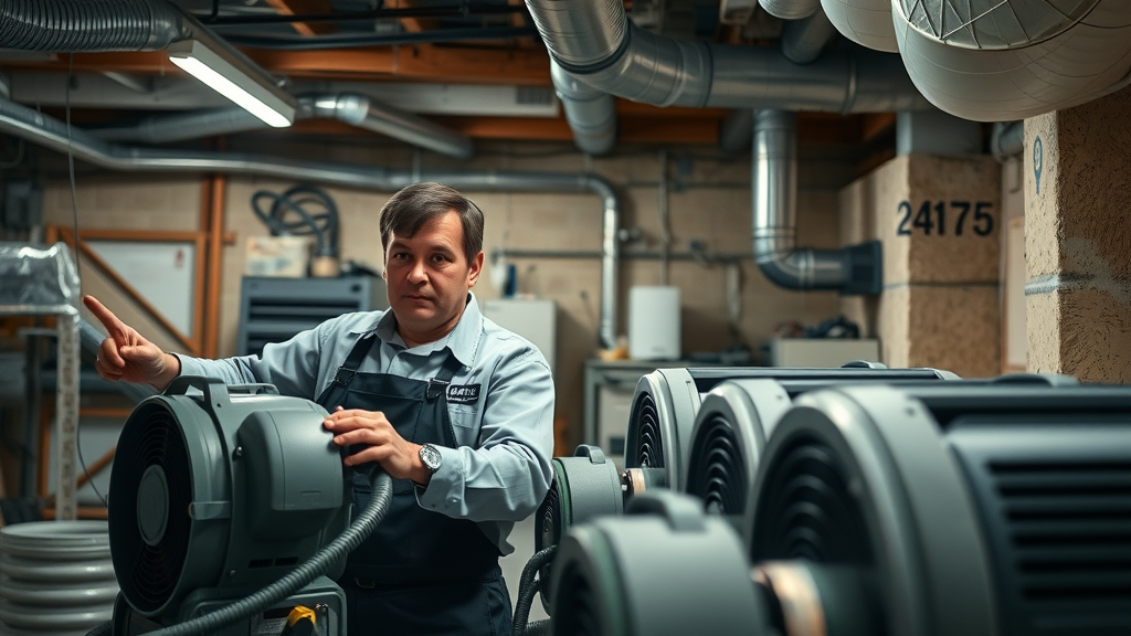 restoration team using industrial drying equipment for basement water damage columbia sc