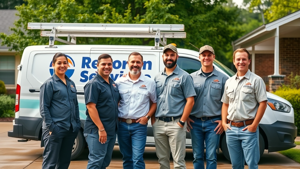 Friendly restoration service professionals in Columbia SC in front of company van, ready for water damage restoration