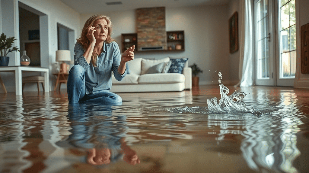 Urgent flooded living room, distressed homeowner watching water spreading across hardwood floor, water damage restoration Columbia SC