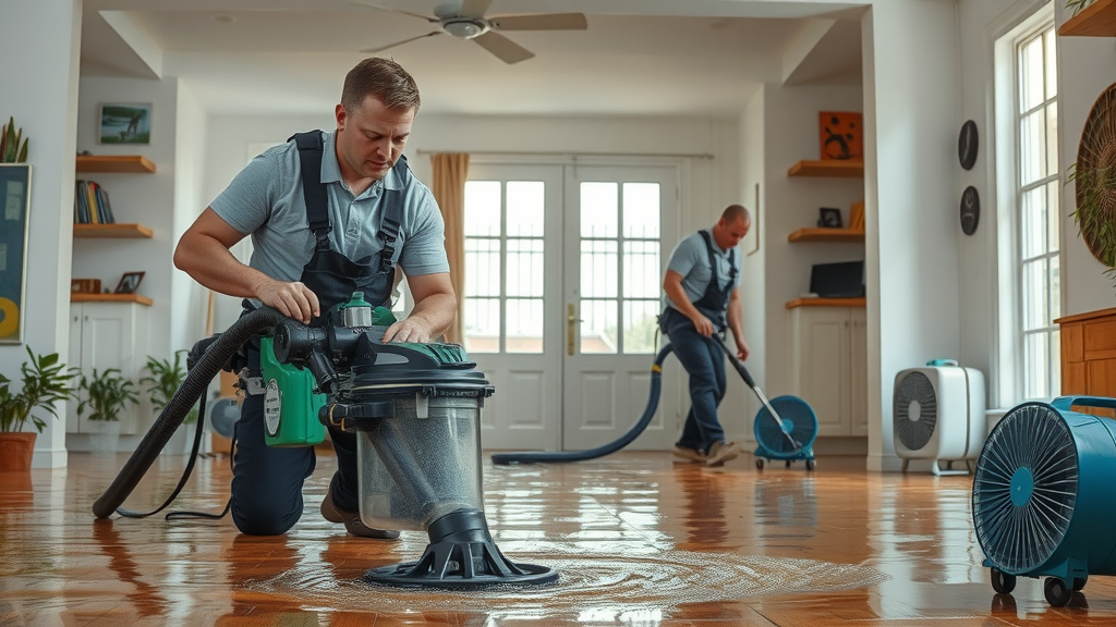 Certified restoration service technicians performing industrial water extraction and drying in flooded Columbia SC home