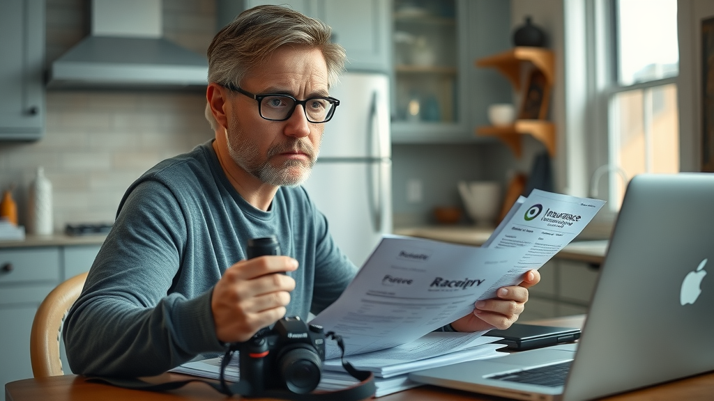Columbia SC homeowner organizing insurance photos and paperwork for water damage restoration claim