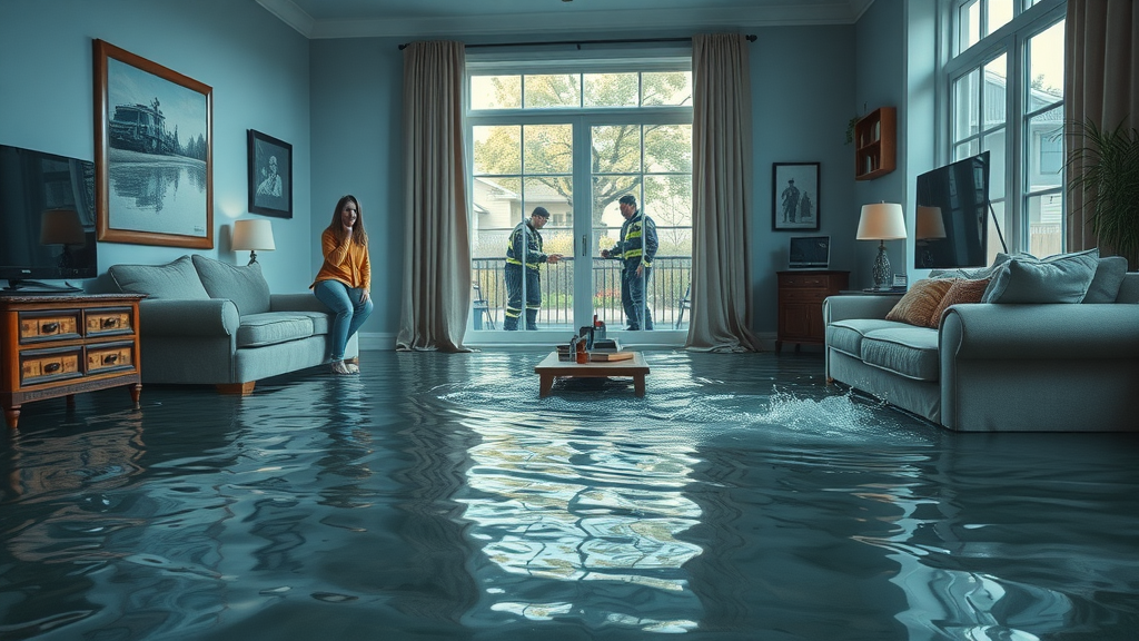 Emergency water removal Columbia SC - flooded living room with urgent rescue teams and anxious homeowner