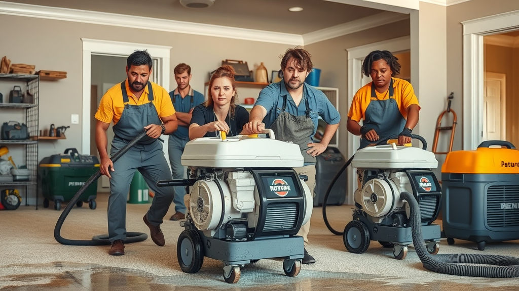 Restoration workers operating water extraction equipment on soaked carpet in Columbia SC, water damage restoration Columbia SC