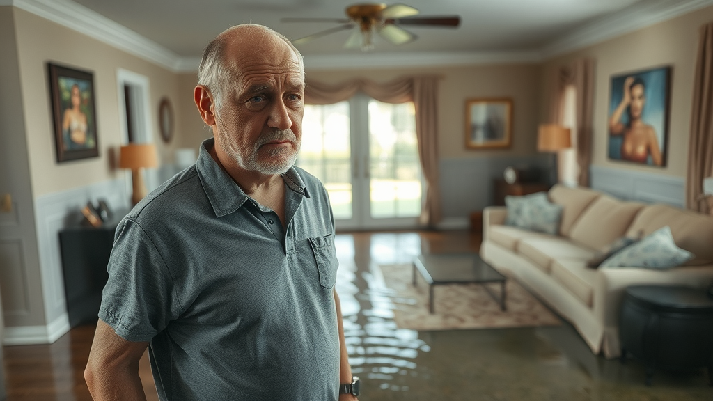Distressed homeowner in Columbia SC with water damage in living room, soaked carpet and pushed furniture