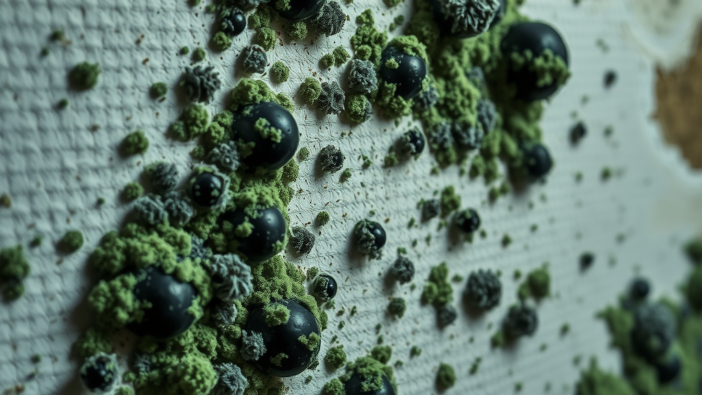 close-up black green mold colonies spreading over damp wall columbia sc