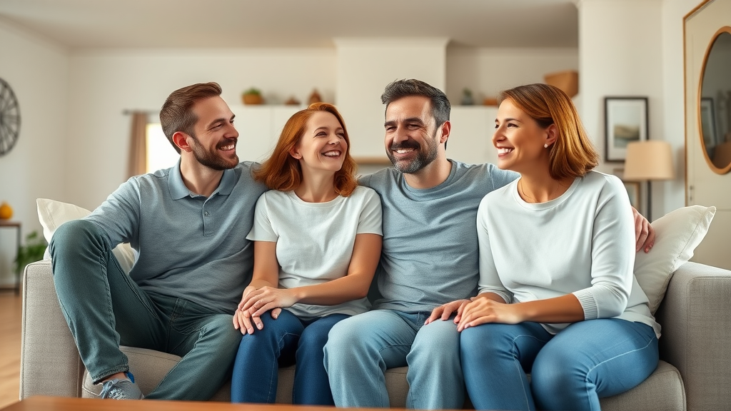 family in fully restored living room after flood damage repair columbia south carolina