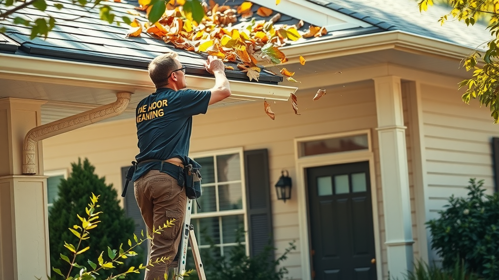 realistic home maintenance scene in Columbia SC with maintenance worker inspecting the roof and clearing leaves from gutters, water damage prevention tip