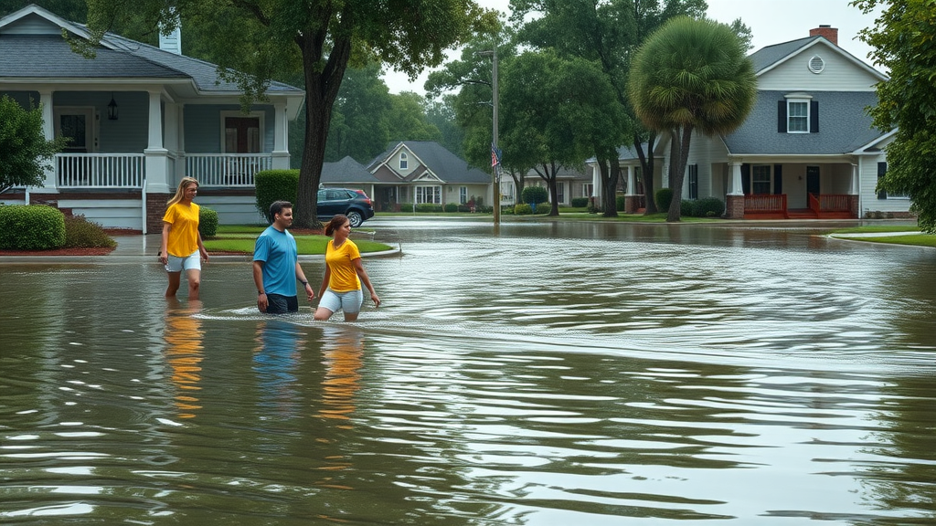 photorealistic flooded residential street in Columbia SC with anxious homeowners assessing rising water outside their homes, heavy rainfall, suburban environment, water damage prevention tips Columbia SC