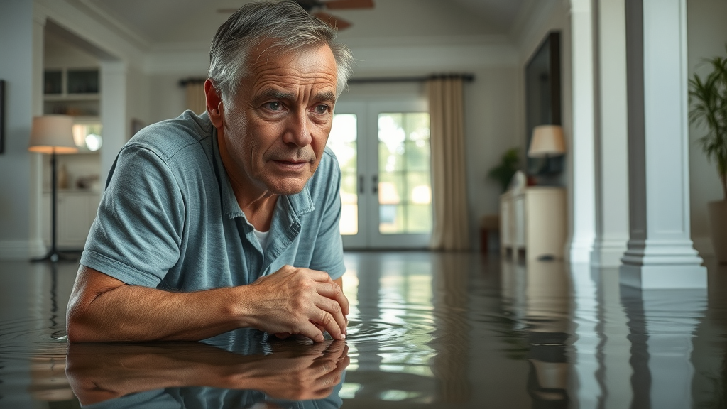 Common water damage questions in Lexington SC - distressed homeowner examining water-soaked floors in a Southern-style living room