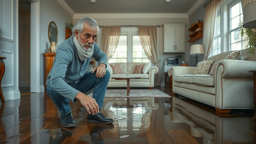 Worried homeowner surveying water-damaged living room in Columbia, insurance claims water damage columbia