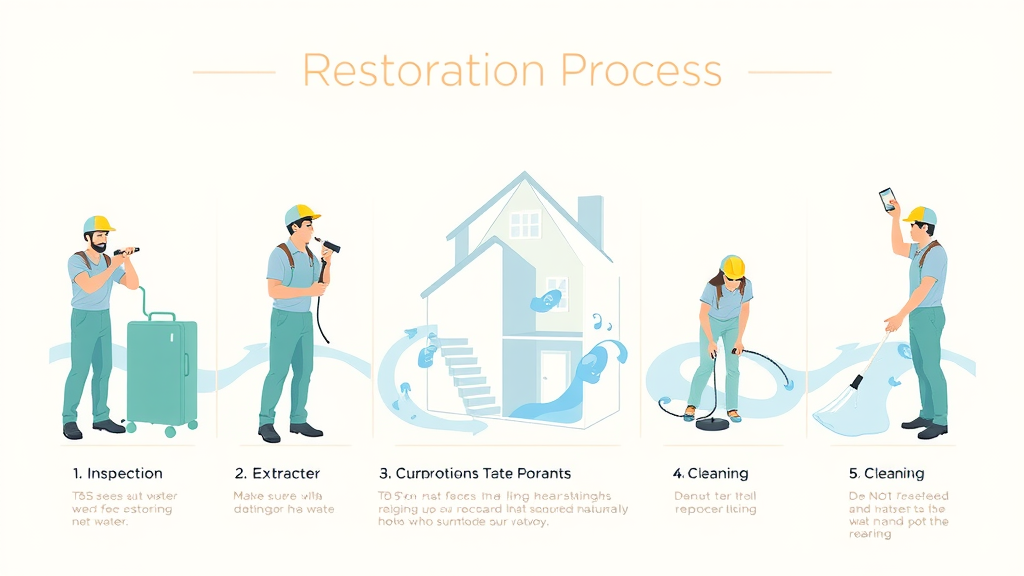 step-by-step infographic showing the process of water damage restoration in Lexington SC from inspection to repairs