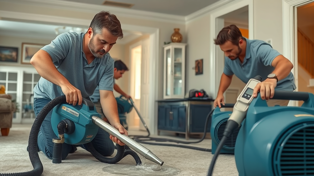 professional water damage restoration team using water extraction equipment in a Lexington SC home's interior