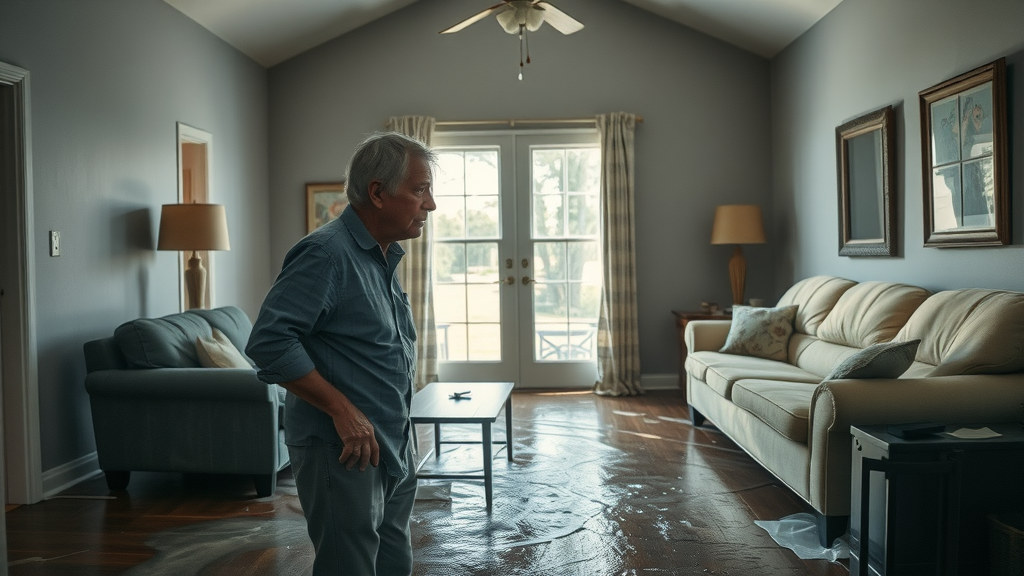 alarming water-damaged living room with distressed homeowner inspecting soaked furniture in a typical South Carolina home, highlighting water damage restoration lexington sc needs