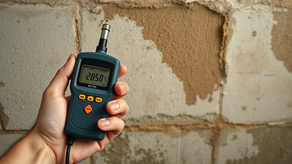 closeup of moisture meter detecting water damage on a basement wall in Columbia SC home, mold risk