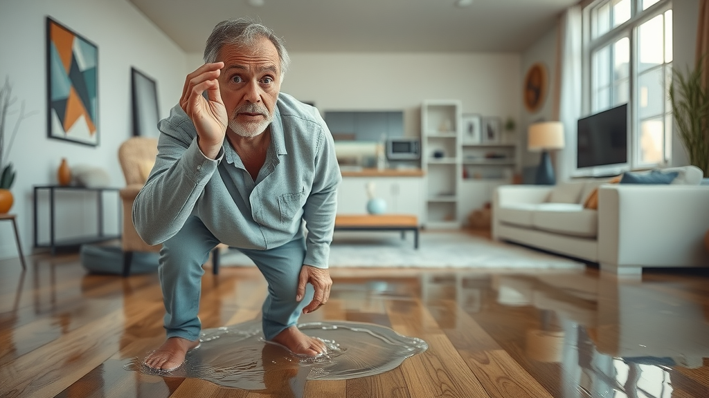 alarmed homeowner in modern living room worried about emergency water extraction on hardwood floor - visible water damage