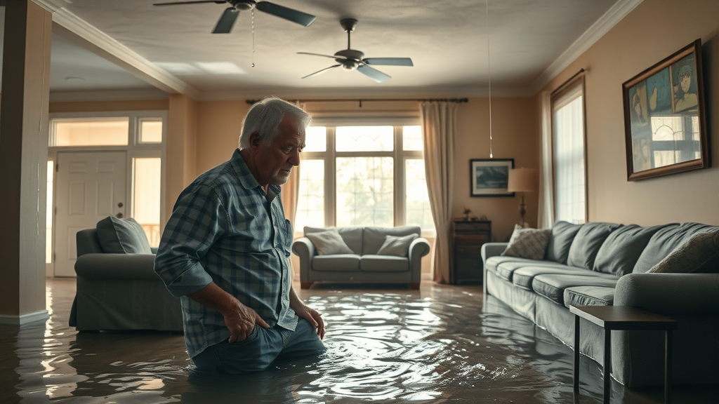 Common water damage issues - flooded living room Lexington SC, homeowner inspecting soaked carpet