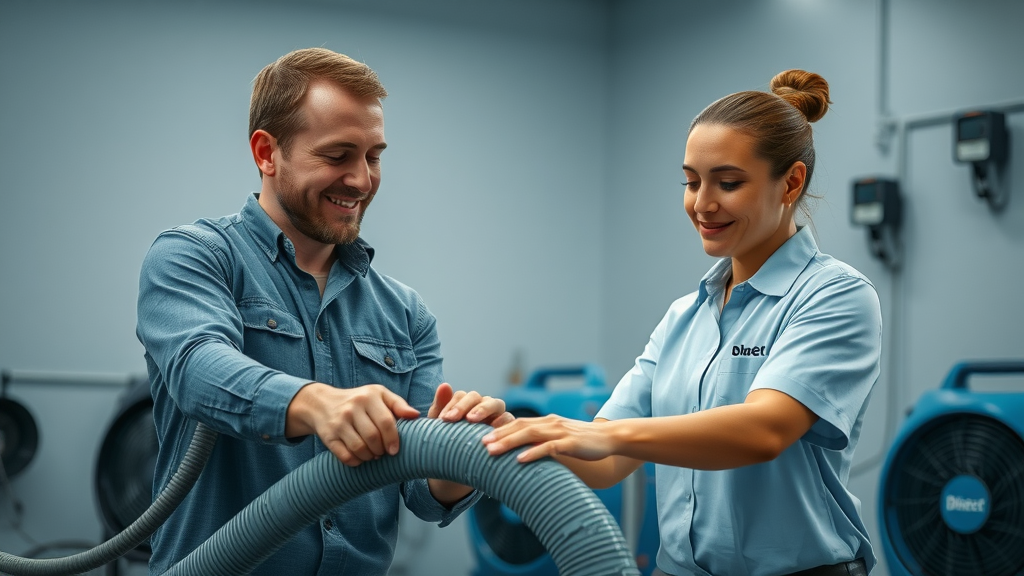 professional water extraction team using drying fans and moisture meters for emergency water removal in commercial space