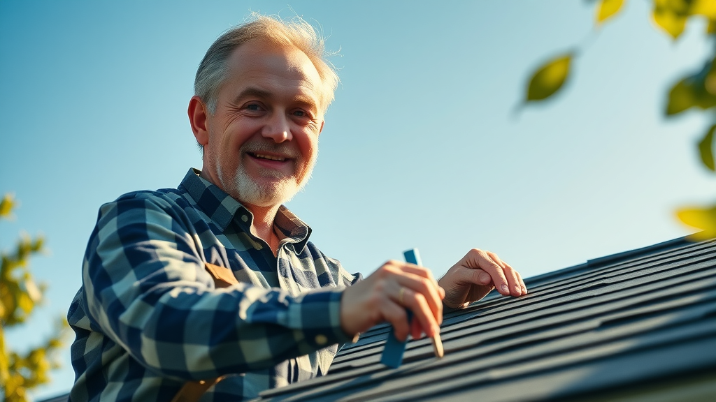 Motivated homeowner inspecting Lexington SC home roof under clear blue sky, demonstrating water damage prevention by checking shingles and gutter integrity