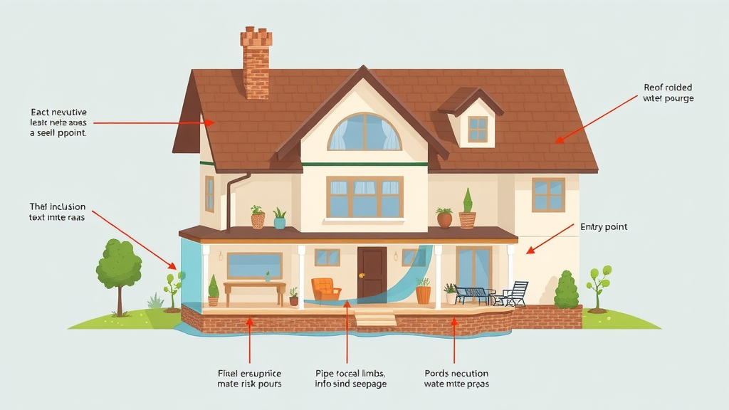 Infographic illustration: typical suburban home cross-section showing water intrusion risks—roof leak, pipe burst, and foundation seepage for water damage prevention education in Lexington, SC