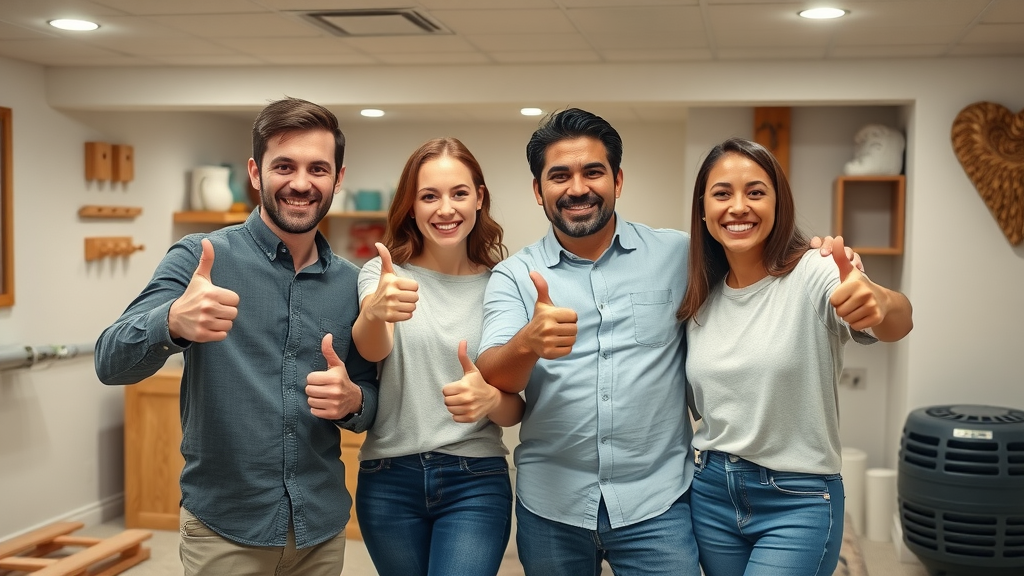 Smiling Lexington SC family gives thumbs-up in a dry, freshly maintained basement with a visible sump pump and tidy shelves, showing successful water damage prevention
