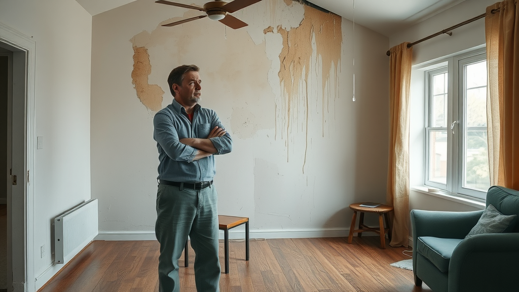 Worried homeowner examines severe water damage, standing in Lexington SC living room with water-stained walls, peeling paint, warped wooden floor, and water dripping from ceiling