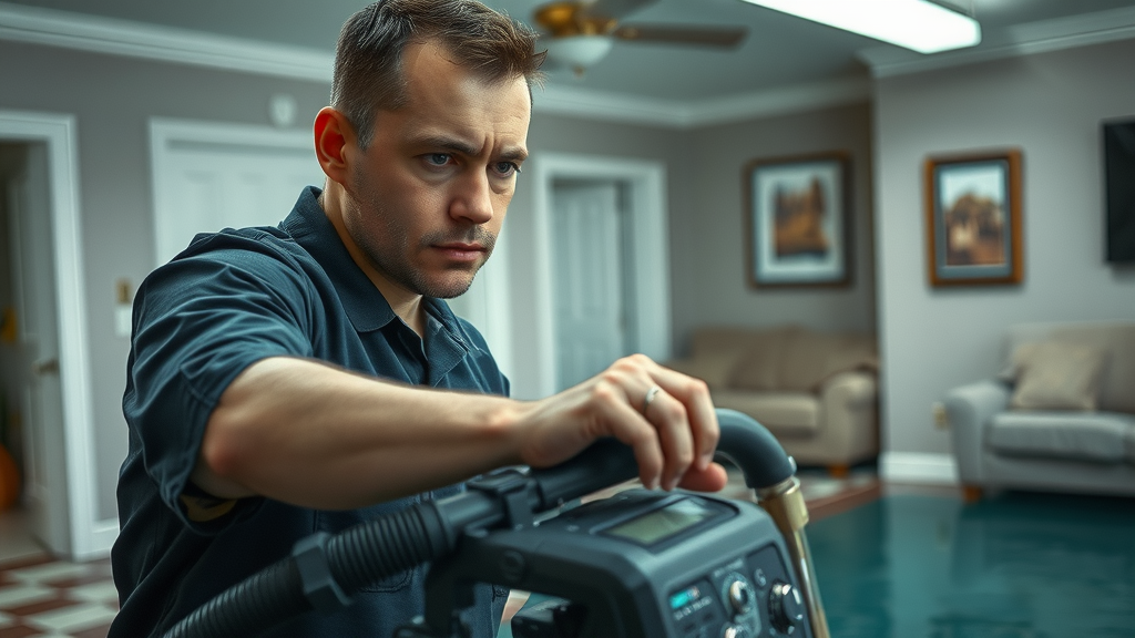 technician using water extraction equipment for flooded residential room during emergency water removal