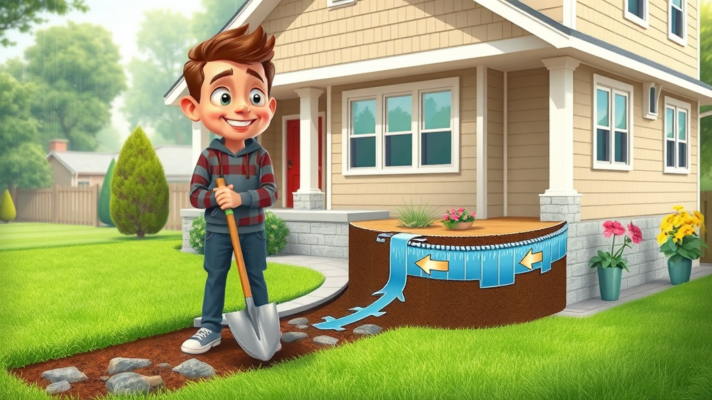 Informed homeowner shapes yard landscape to direct water flow away from foundation, showing water damage prevention with arrows, green lawn, flowerbeds, and cross-section.