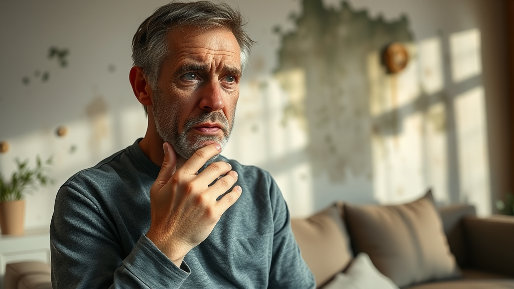 regretful homeowner examining growing mold caused by unrepaired emergency water damage in Lexington SC home