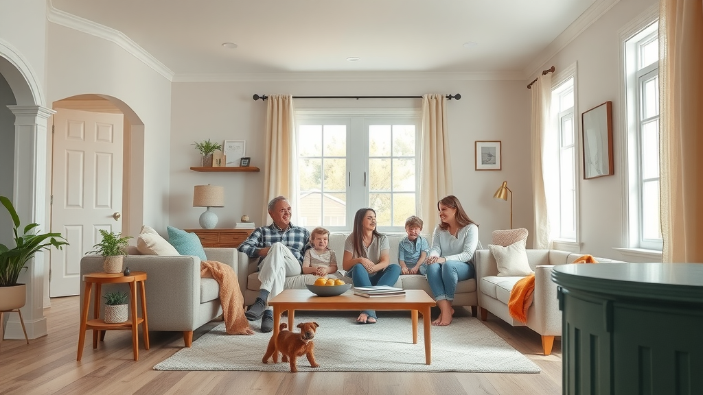 restored Lexington living room, calm and hopeful family together after successful flood damage repair