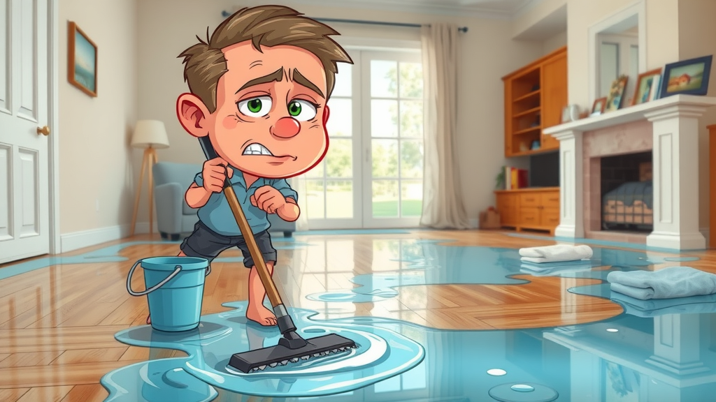 concerned homeowner attempts flooding cleanup with a mop and bucket in a flooded living room—a scenario leading to incomplete water damage repair and future risks