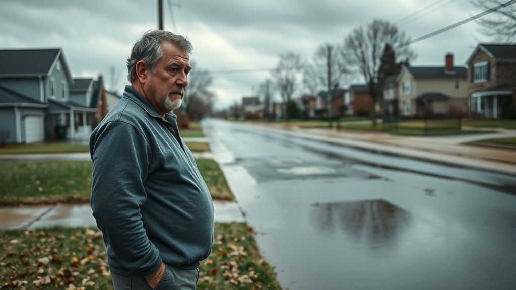 overcast Lexington neighborhood with homeowner observing floodwater entering crawl space, a vivid example of flood damage repair lexington priorities