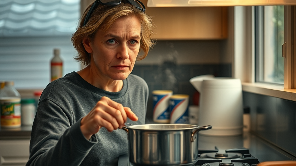 homeowner boiling water for purification after emergency water extraction, with emergency supplies, in Lexington SC kitchen