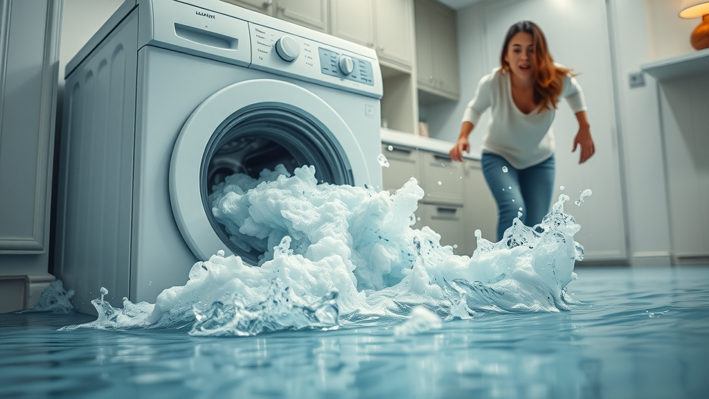aged washing machine overflowing with water, washing machine leak, causes of water damage in homes, modern laundry room, homeowner rushing to stop water leak