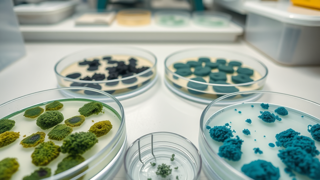 Multiple types of mold colonies—distinct green, black, and blue textures—in a laboratory setting, showing the diversity of mold that grows after water damage