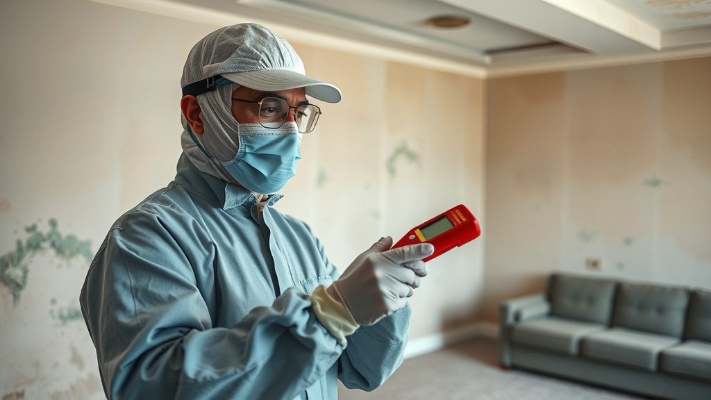 Professional in protective gear uses moisture meter on damp wall after water damage to assess mold risk