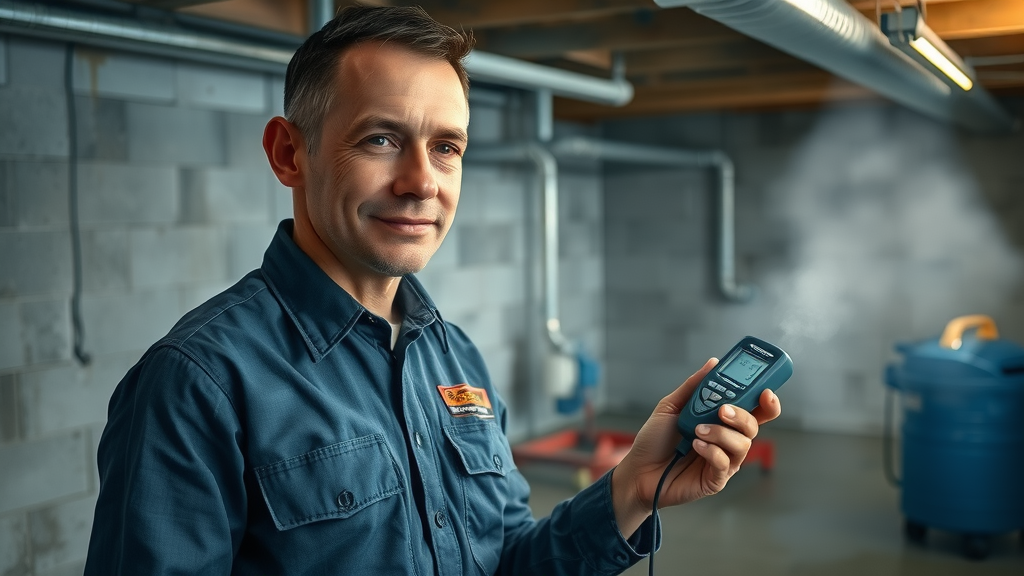 restoration specialist inspecting water-logged basement in lexington sc, moisture meter, damage restoration, insurance for water damage lexington sc