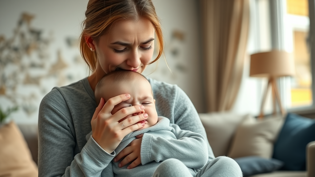 Concerned mother with baby showing respiratory irritation in a living room with visible mold after water damage, highlighting health effects of mold