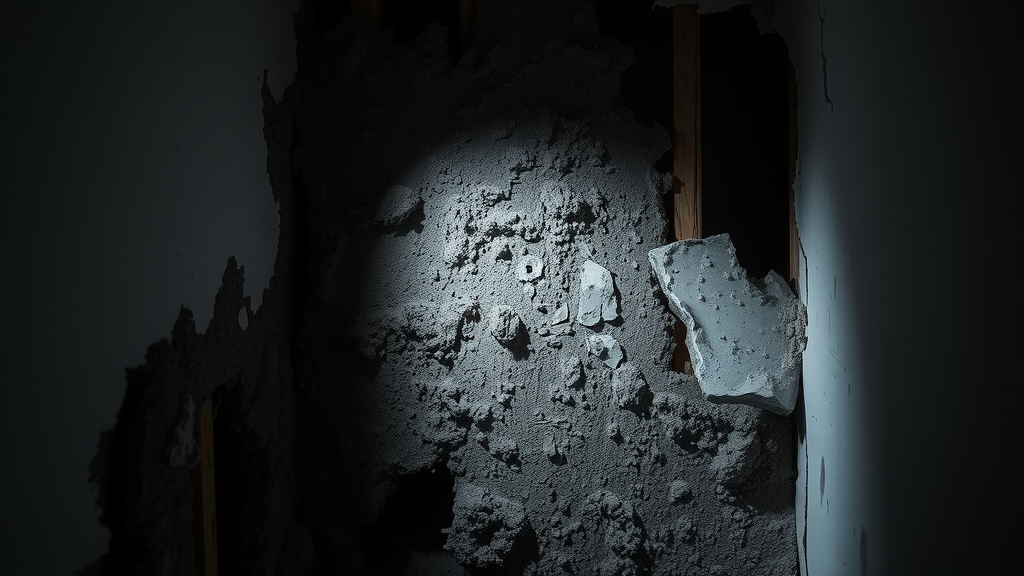 Hidden black mold infestation spreading behind drywall, discovered with flashlight in a water-damaged wall, demonstrating risk of hidden mold