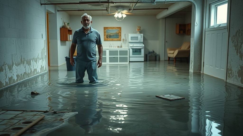 Flooded basement with water damage cleanup process involving water, mold patches and damaged furniture
