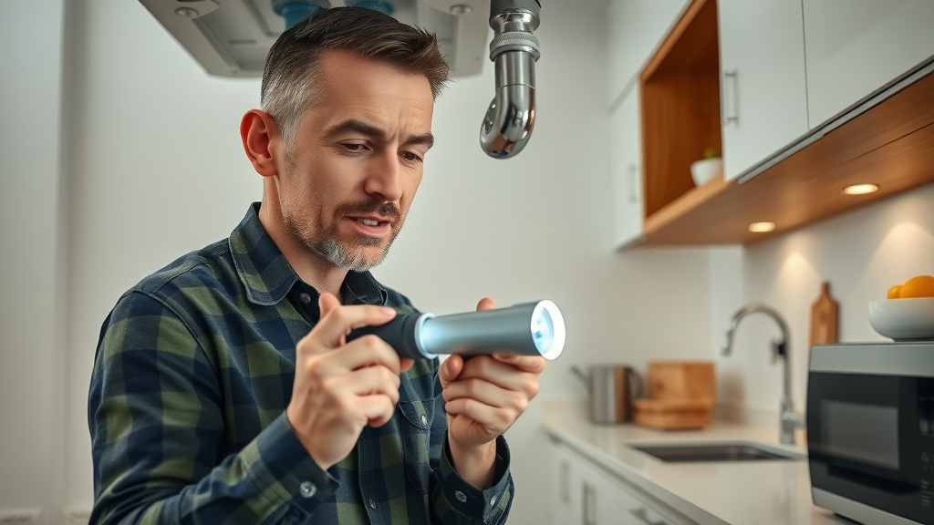 homeowner inspecting under kitchen sink pipes with flashlight, checking for water leaks, prevent water damage in homes