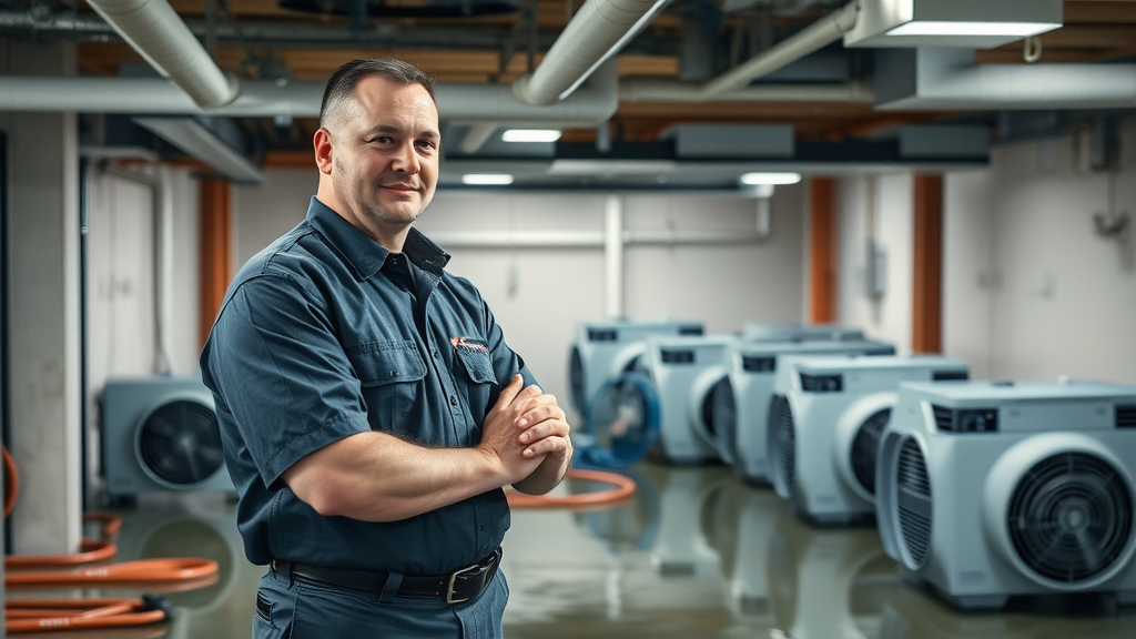 experienced water damage restoration technician operating drying equipment in flooded basement, water damage restoration Lexington SC