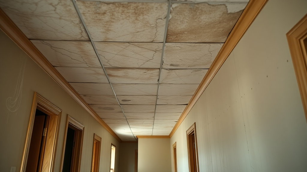 Early signs of water damage in home: stained ceiling, warped wood floors, and subtle mold growth