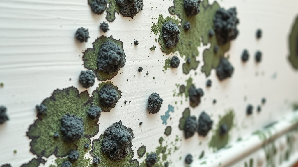 Close-up of fuzzy black, green, and blue mold patches on white wall and baseboard after water damage