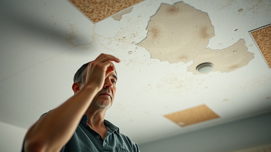 Residential ceiling with water stains and visible mold spores, showing worried homeowner inspecting damage, highlighting mold growth after water damage