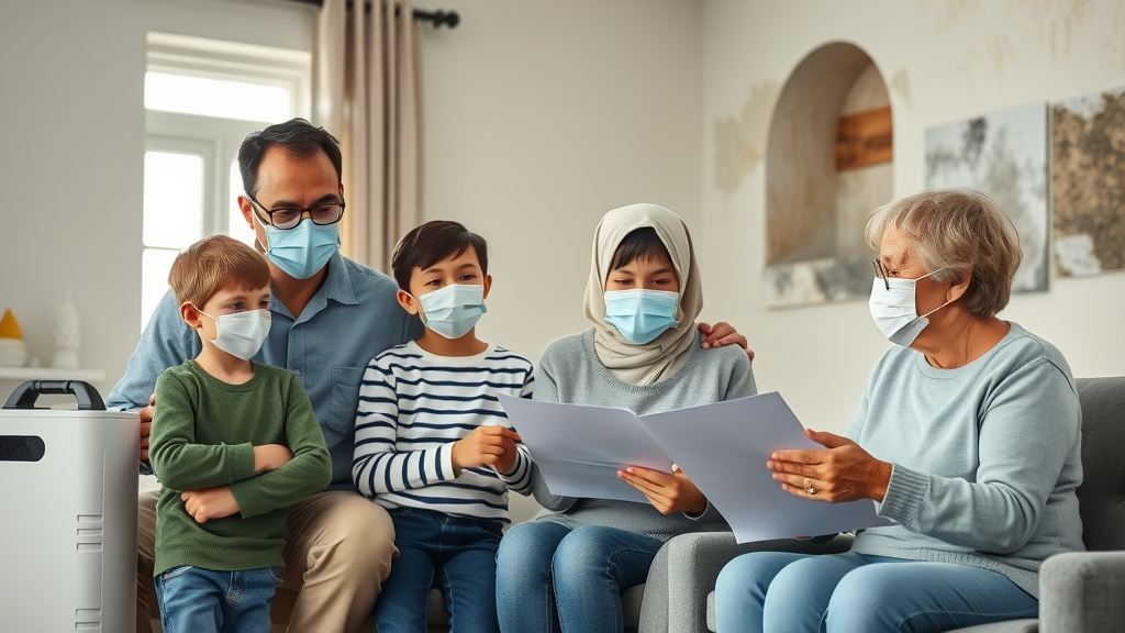 Family discusses mold risks with restoration pro after water damage cleanup process