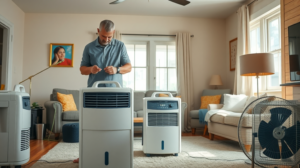 Homeowner using dehumidifiers and fans to dry living room after water damage, demonstrating how to prevent mold growth